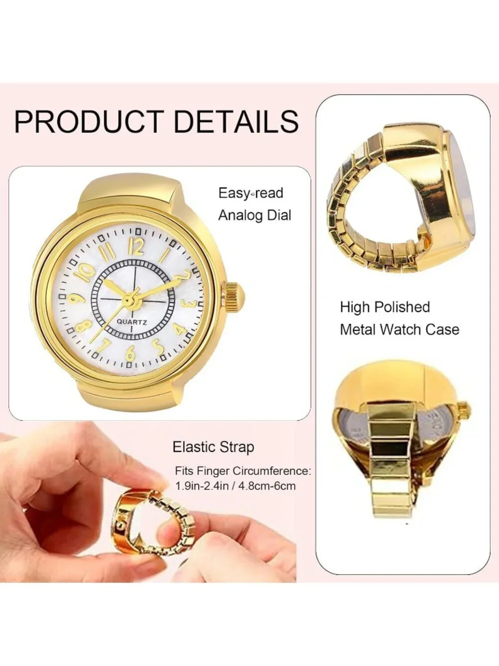 Women's Gold Scale Quartz Stretchy Band Elastic Simple Dial Finger Ring Watch